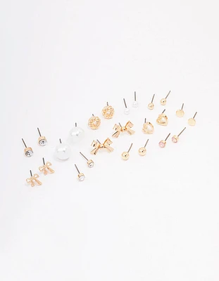 Gold Bow Pearl & Heart Earring 12-Pack