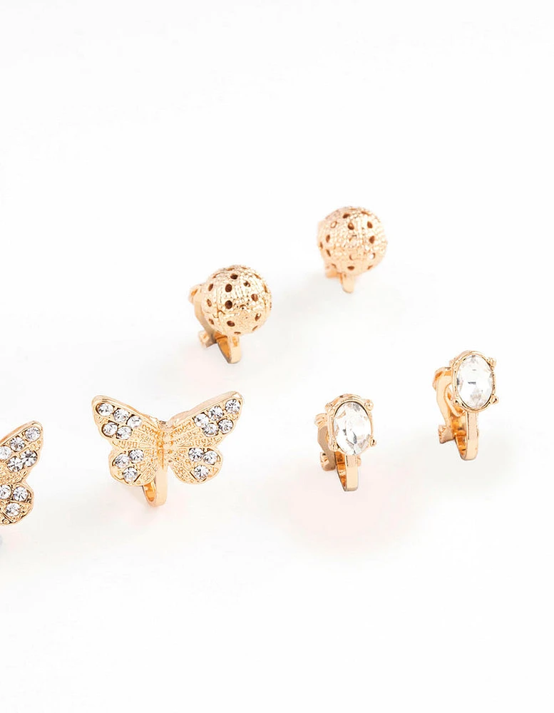 Gold Diamante Butterfly Diamante Clip On Earring 8-Pack