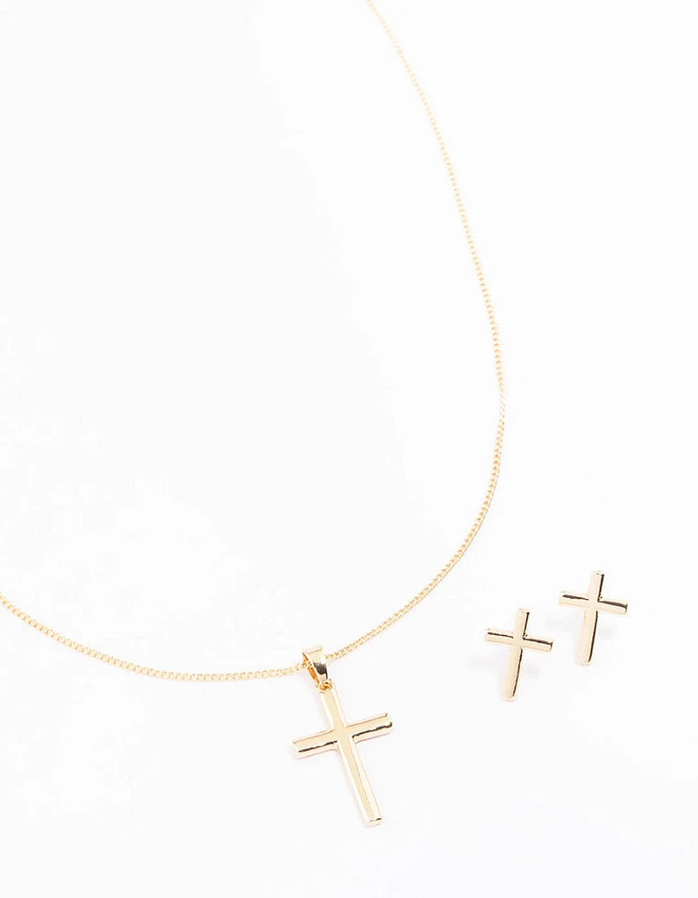 Gold Plain Cross Jewellery Set