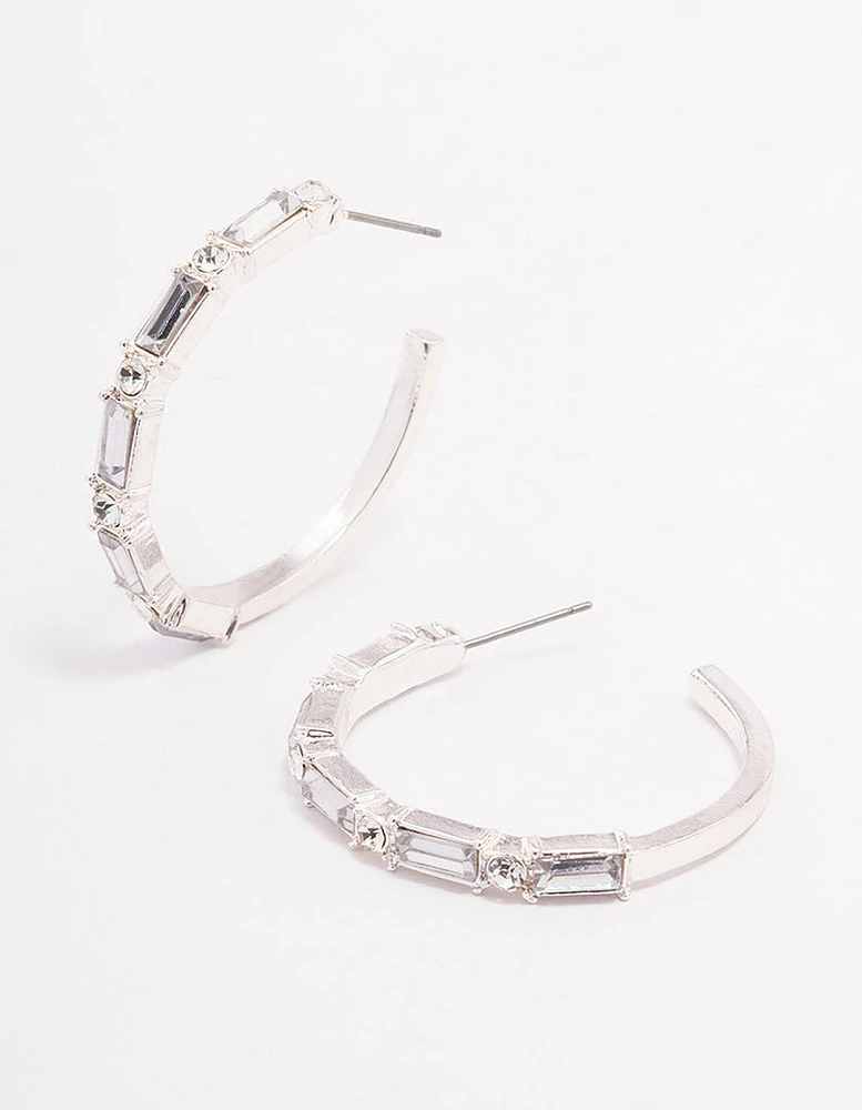 Silver Baguette Medium Hoop Earrings