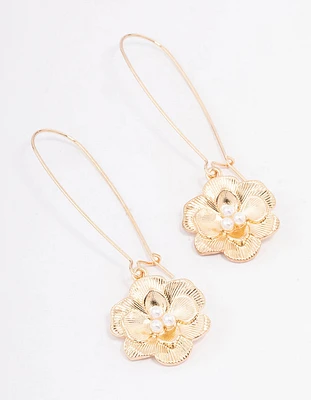 Gold Long Hoop Pearl Flower Drop Earrings