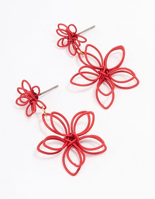 Red Wire Flower Drop Earrings