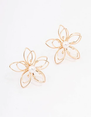 Gold Wire Pearl Flower Stud Earrings