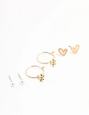 Gold Pearl Heart Flower Earrings 3-Pack