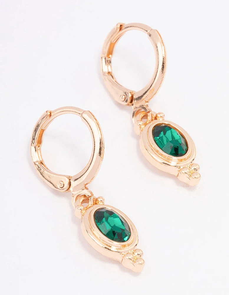 Green Oval Stone Drop Huggie Earrings