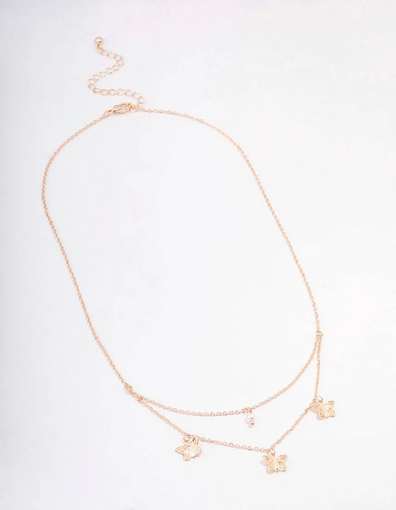 Rose Gold Butterfly Pearl Double Chain Necklace