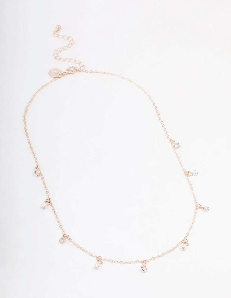 Rose Gold Diamante & Pearl Drop Station Necklace