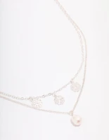 Silver Filigree Flower & Pearl Layer Necklace