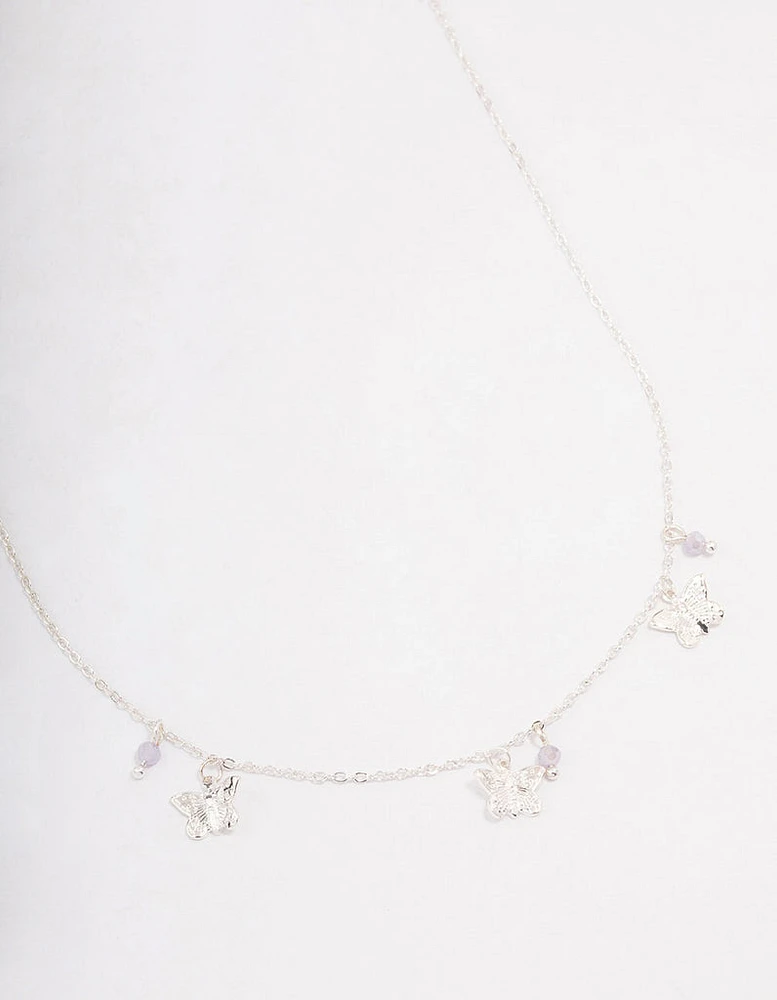 Silver Butterfly Beaded Droplet Necklace