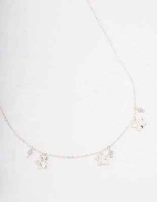 Silver Butterfly Beaded Droplet Necklace