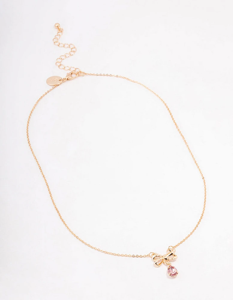 Pink Diamante Drop Bow Necklace