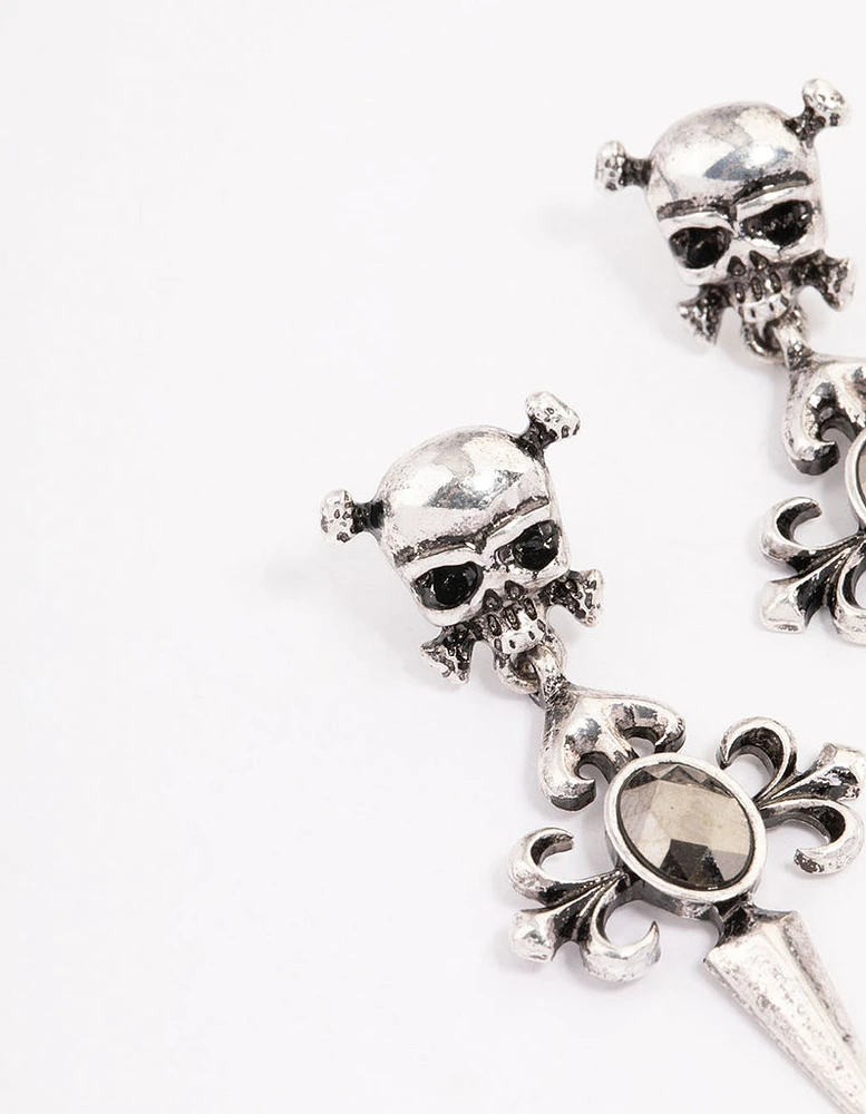 Antique Silver Skull & Cross Drop Earrings