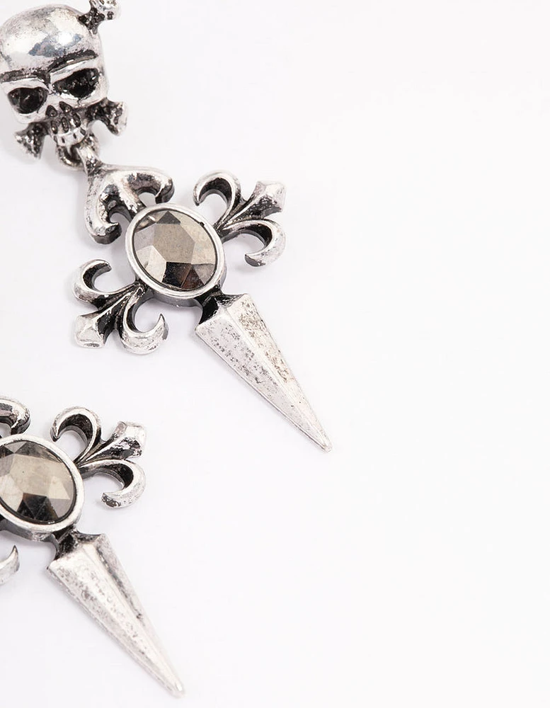 Antique Silver Skull & Cross Drop Earrings