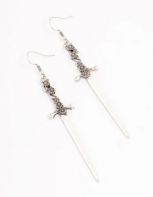 Antique Silver Floral Sword Drop Earrings