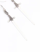 Antique Silver Floral Sword Drop Earrings