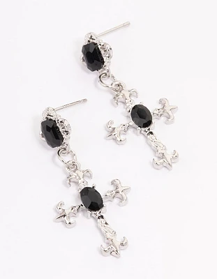 Silver Ornate Cross Drop Earrings