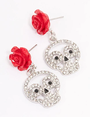 Silver Floral Skull Drop Earrings