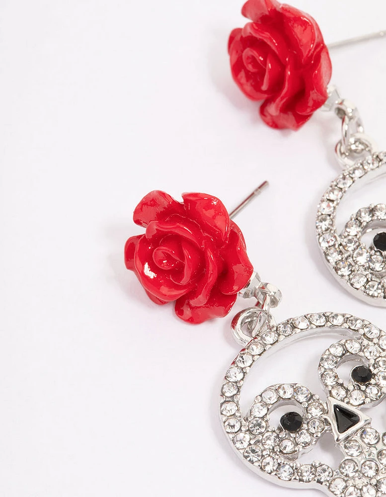 Rhodium Floral Skull Drop Earrings