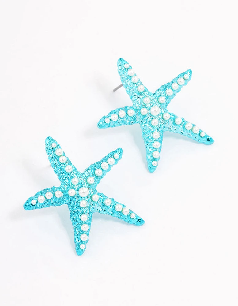 Blue Pearly Starfish Stud Earrings