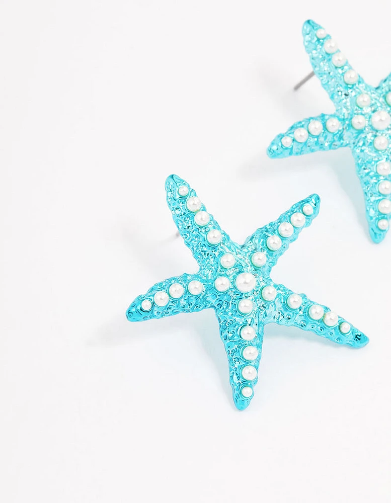 Blue Pearly Starfish Stud Earrings