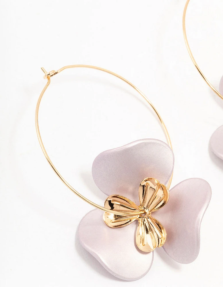 Large Flower Gold Wire Hoop Earrings