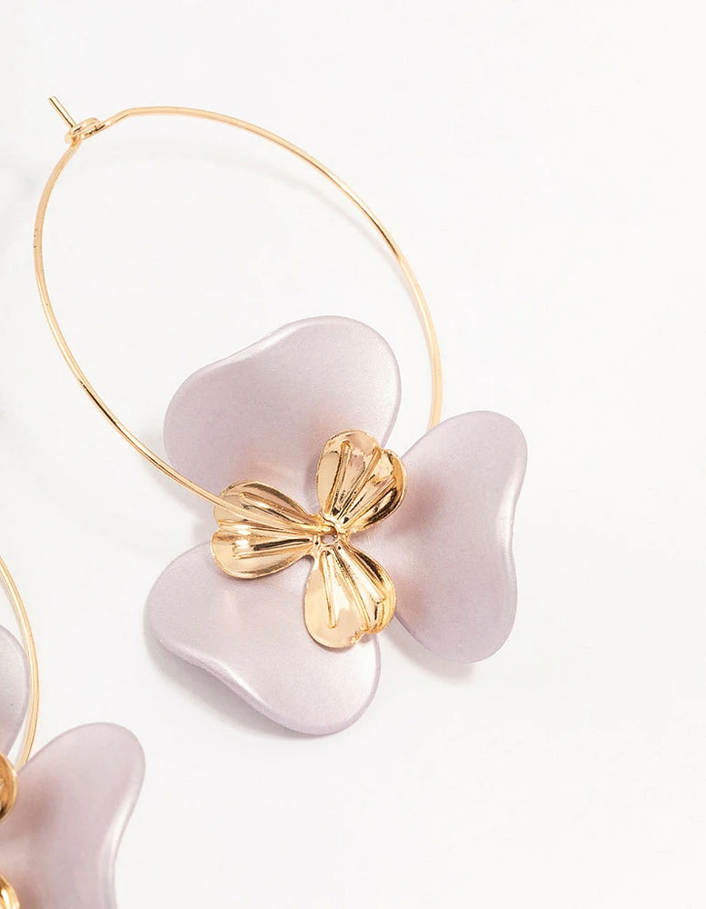 Large Flower Gold Wire Hoop Earrings