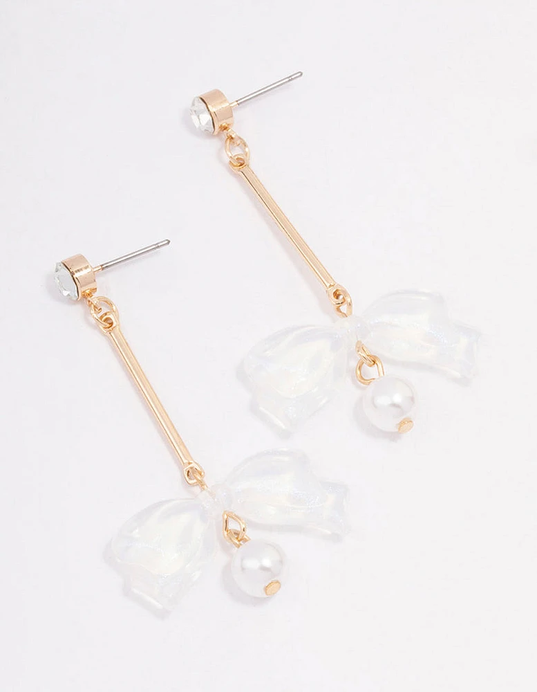 Gold Diamante Acrylic Bow Drop Earrings