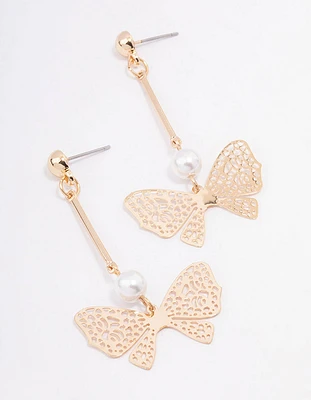 Gold Filigree Butterfly Pearl Earrings