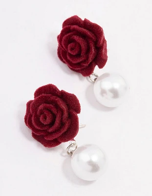 Red Felt Rose Pearl Stud Earrings