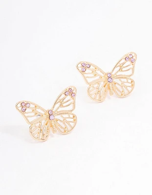 Gold Cut-Out Diamante Butterfly Stud Earrings