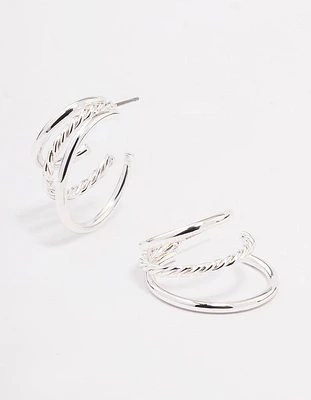 Silver Plain & Twisted Illusion Hoop Earrings