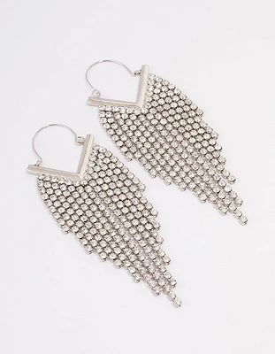 Silver Diamante Tassel Cup Chain Hoop Earrings