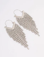 Rhodium Diamante Tassel Cup Chain Hoop Earrings