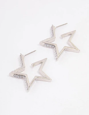 Rhodium Baguette Diamante Star Hoop Earrings