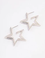 Rhodium Baguette Diamante Star Hoop Earrings