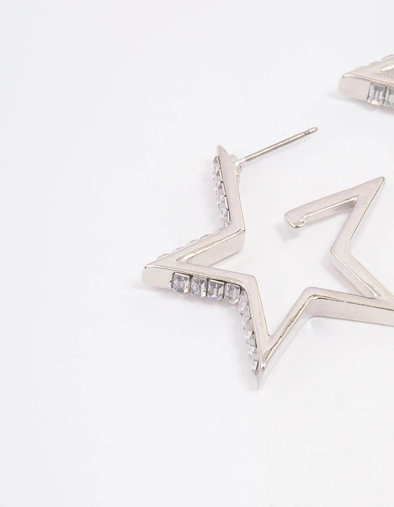 Rhodium Baguette Diamante Star Hoop Earrings