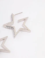 Rhodium Baguette Diamante Star Hoop Earrings