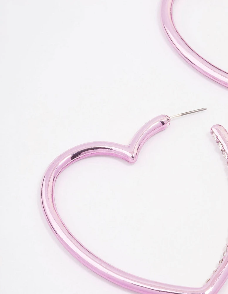 Pink Large Diamante Heart Hoop Earrings