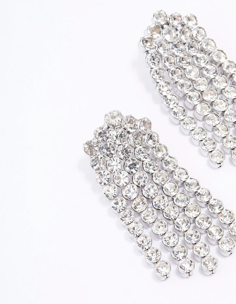 Rhodium Multi Row Cup Chain Drop Earrings