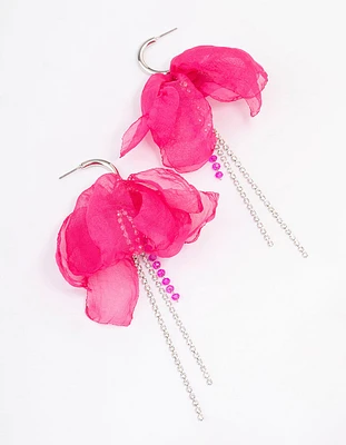 Silver & Pink Flower Cup Chain Drop Earrings