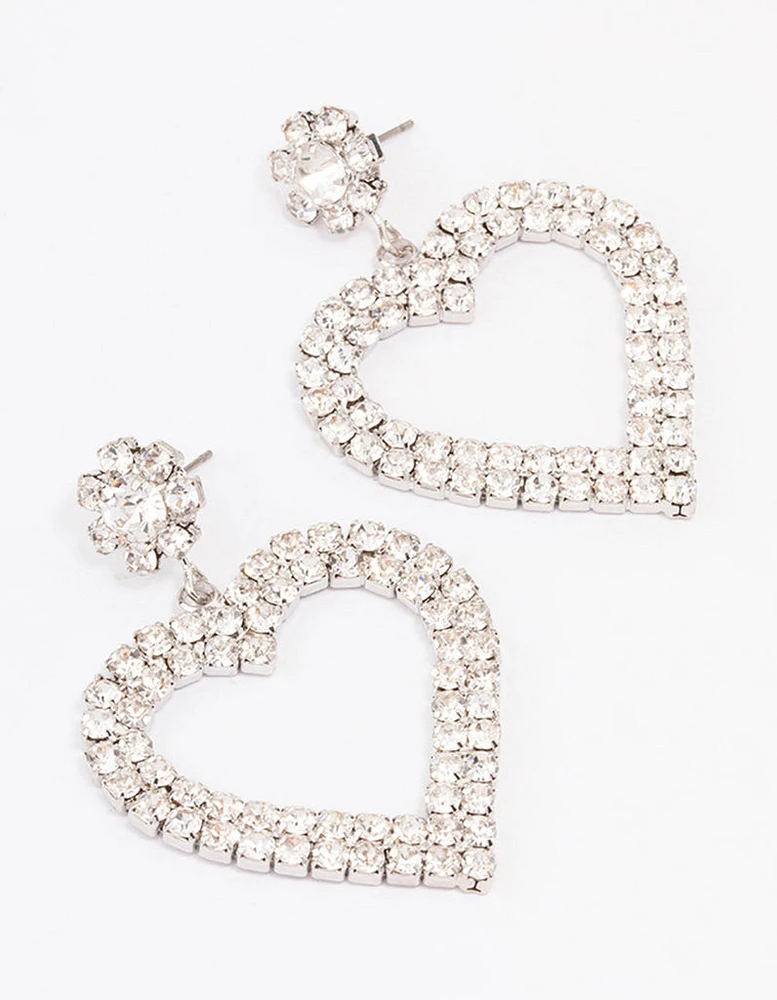 Silver  Diamante Heart Drop Earrings