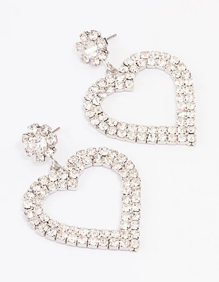 Silver  Diamante Heart Drop Earrings