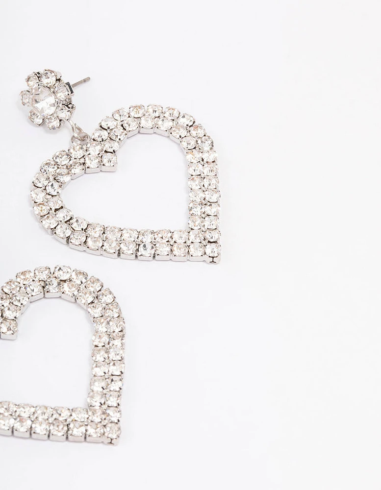 Silver  Diamante Heart Drop Earrings