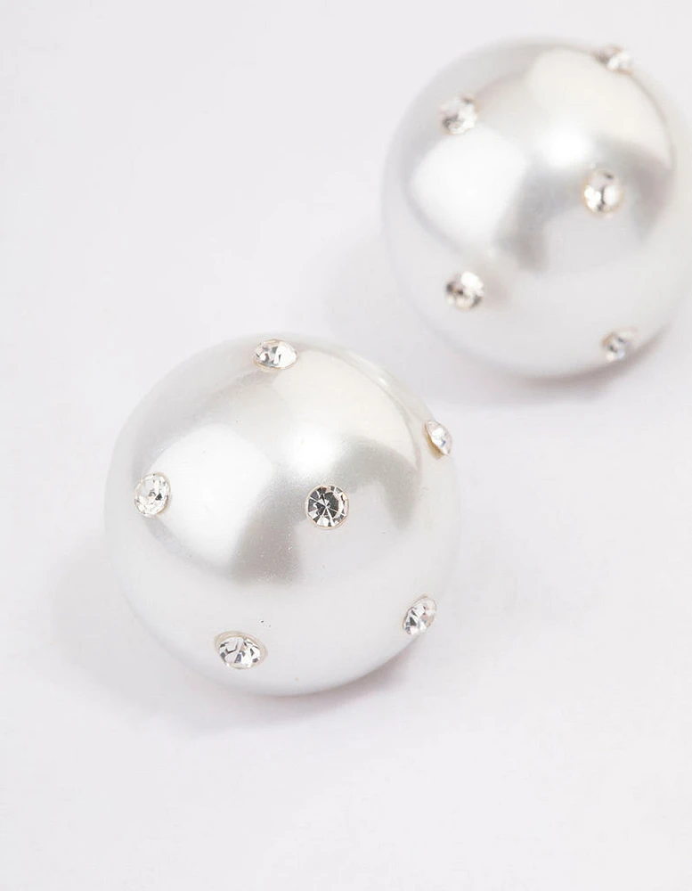 Diamante Encrusted Pearl Circle Stud Earrings