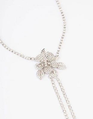 Silver Cup Chain Diamante Flower Necklace