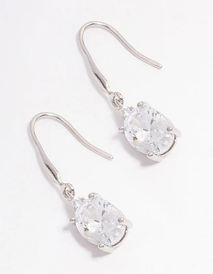 Rhodium Oval Cubic Zirconia Hook Drop Earrings