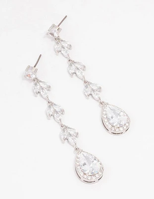 Silver Leaf Halo Pear Drop Earrings