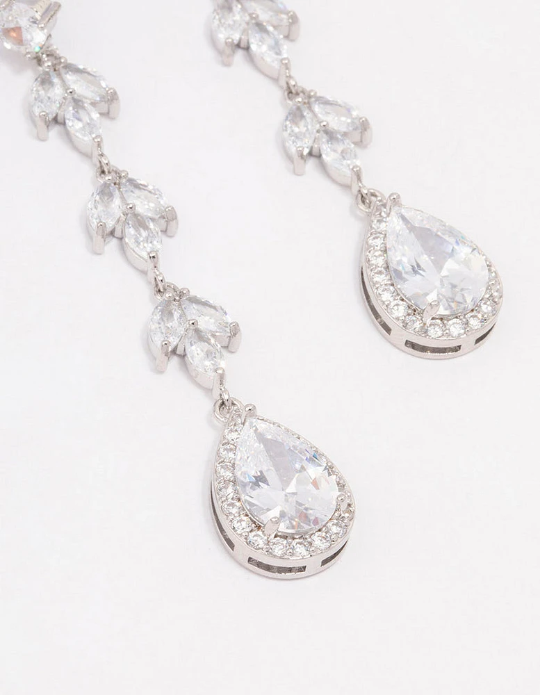 Rhodium Leaf Halo Pear Drop Earrings