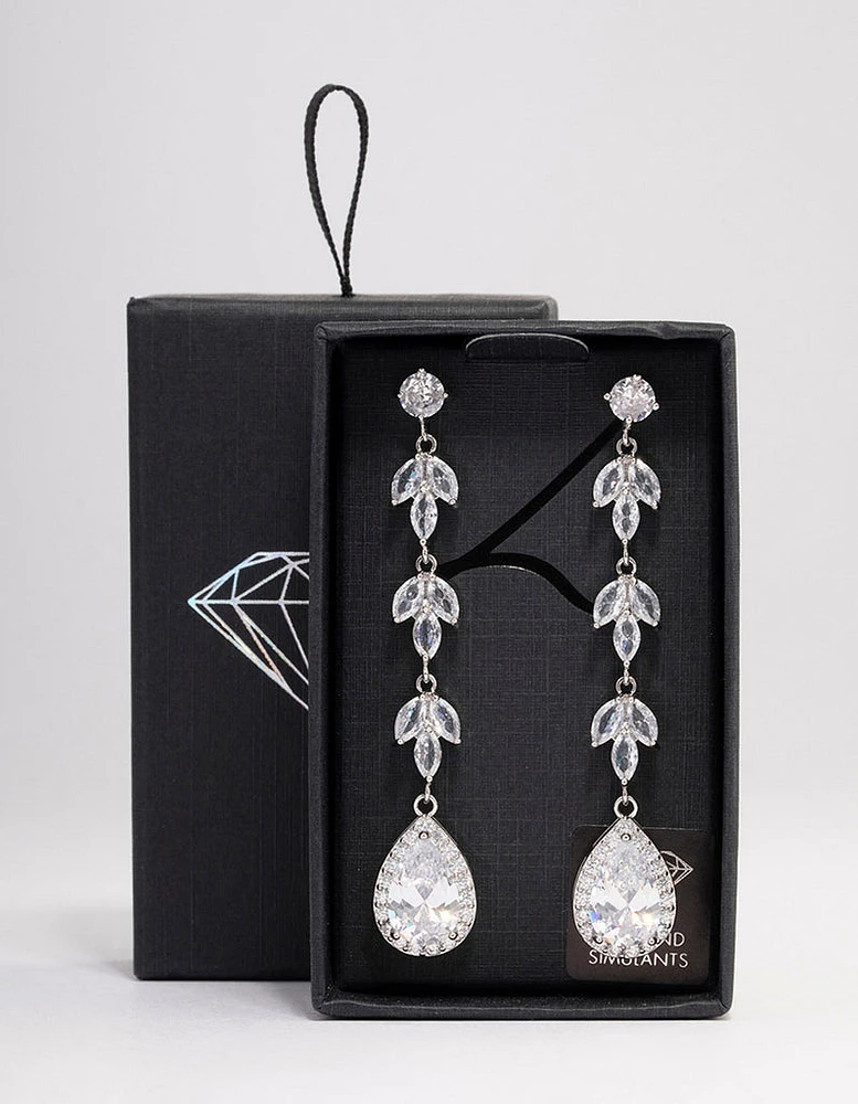 Rhodium Leaf Halo Pear Drop Earrings