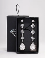 Rhodium Leaf Halo Pear Drop Earrings